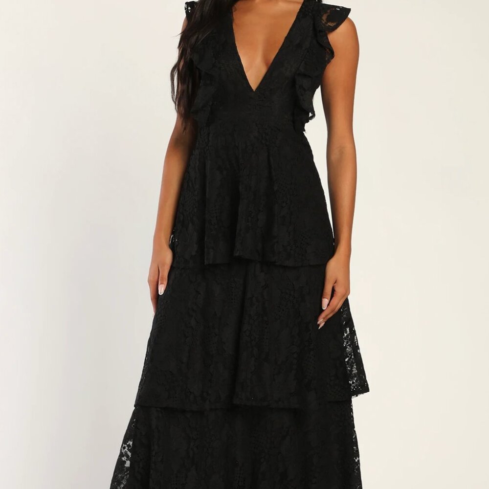 Molinetto Black Lace Ruffled Tiered Sleeveless Maxi Dress